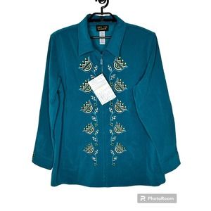 NWT Bob Mackie Wearable Art Womens Zip Front Jacket 1X Floral Embroidery Pockets